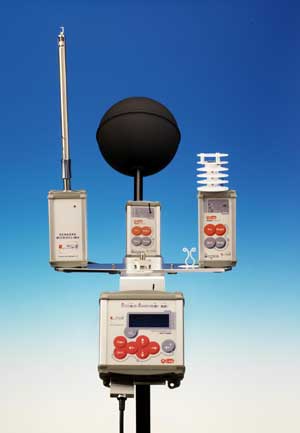 Systme R-Log : datalogger R-Log Slave avec capteur de temprature radiante globe noir, capteur  fil chaud de vitesse d'air, sonde radio d'humidit-temprature de l'air avec abri anti-rayonnement  ventilation force.
