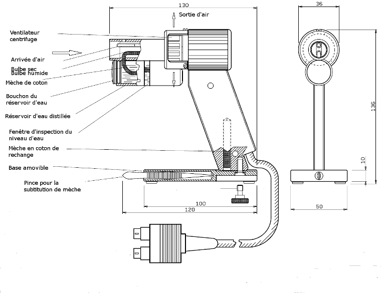 Dessin du psychromtre  ventilation force et rpondant  la norme ISO 7726