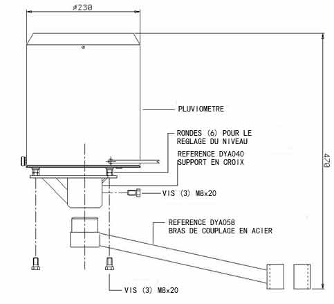 Dessin de face : bras de support et de dport permettant l'installation d'un pluviomtre